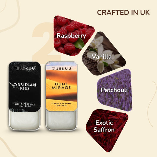 Premium UK-crafted solid perfumes featuring notes of raspberry, vanilla, patchouli, and exotic saffron.