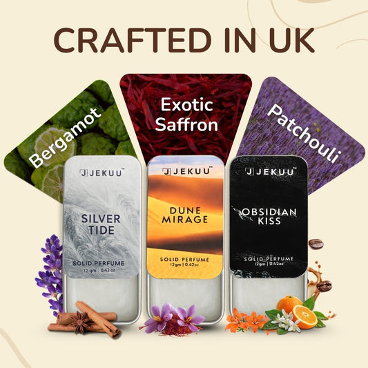 Solid perfumes featuring exotic scents in sleek, alcohol-free, and travel-friendly tins.