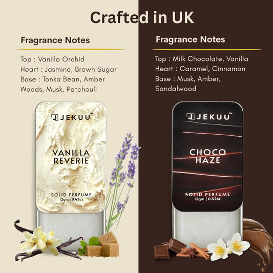 Premium UK-crafted solid perfumes featuring rich notes of vanilla, chocolate, jasmine, and warm amber.