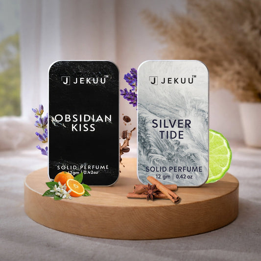 Premium Jekuu solid perfumes, Obsidian Kiss and Silver Tide, offer diverse, long-lasting fragrances.
