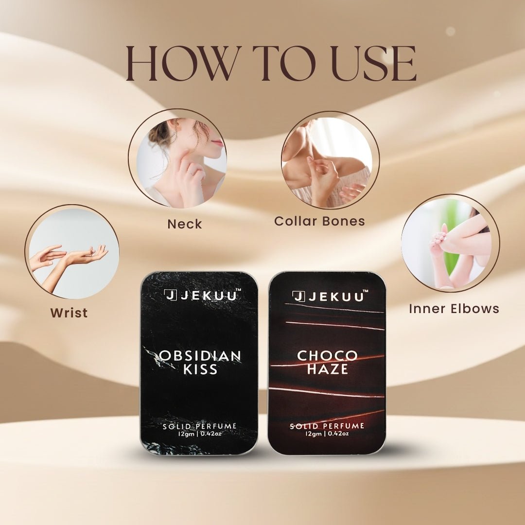 Apply Jekuu solid perfumes to wrists, neck, and pulse points for a lasting fragrance experience.