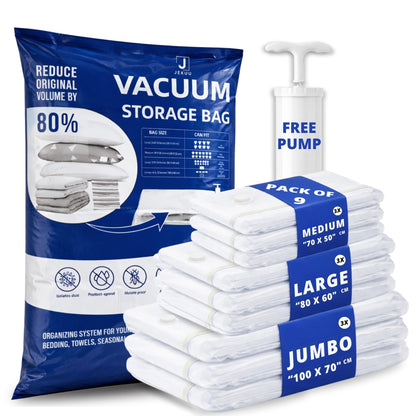 Vacuum Storage Bags Pack of 9 (3 Jumbo/3 Large/3 Medium) with Free Hand Pump - JEKUU