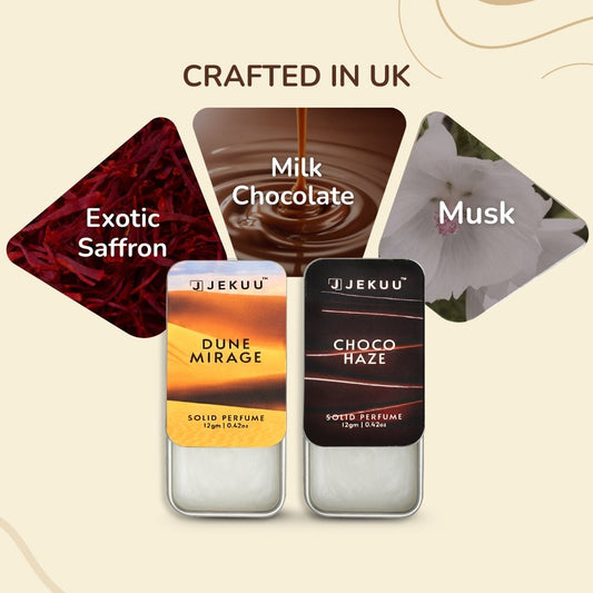 Premium UK-crafted solid perfumes featuring exotic saffron, rich milk chocolate, and smooth, alluring musk.