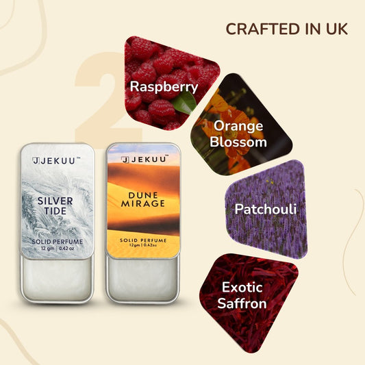 Jekuu solid perfumes featuring notes of raspberry, orange blossom, patchouli, and saffron.