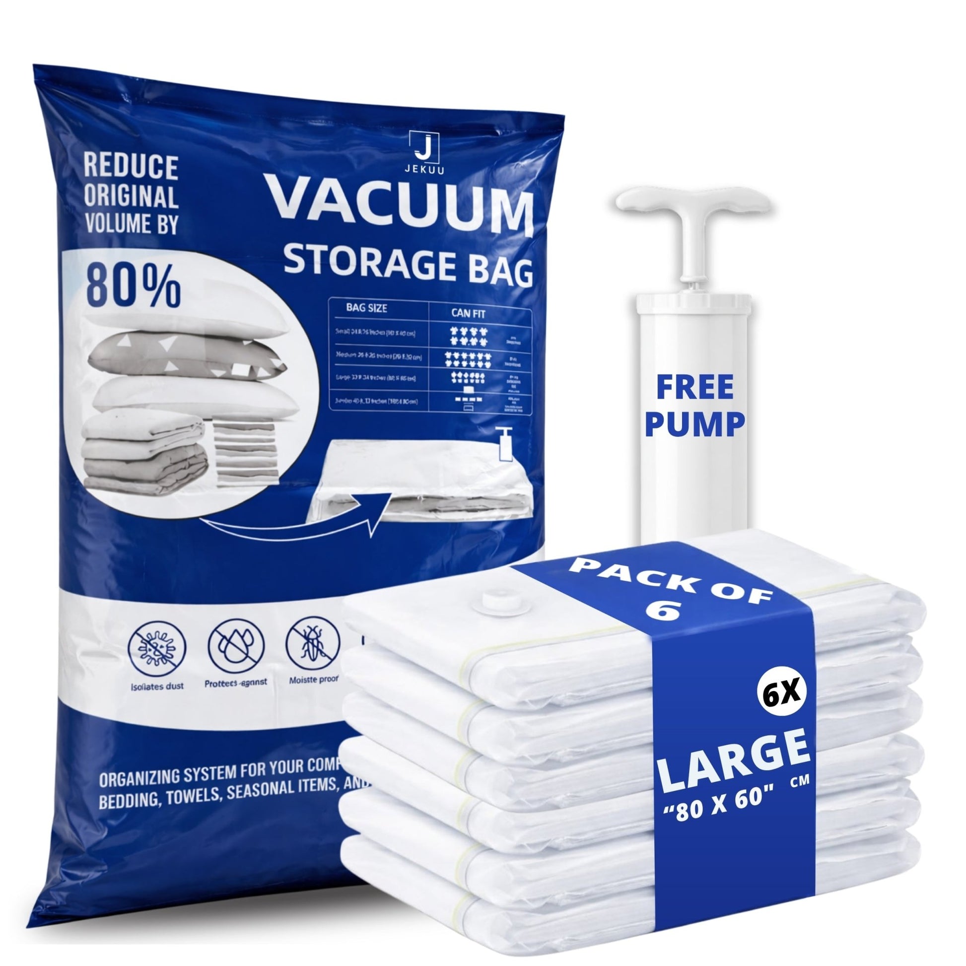 Vacuum Storage Bags 6 - Pack Large with Free Hand Pump - JEKUU