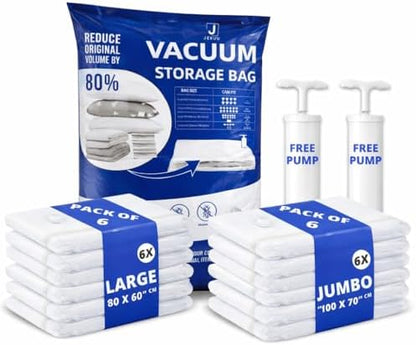 6 Large and 6 Jumbo Space Saver Vacuum Storage Bags with 2 Free Hand Pump - JEKUU