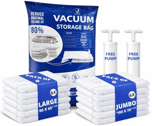 6 Large and 6 Jumbo Space Saver Vacuum Storage Bags with 2 Free Hand Pump - JEKUU