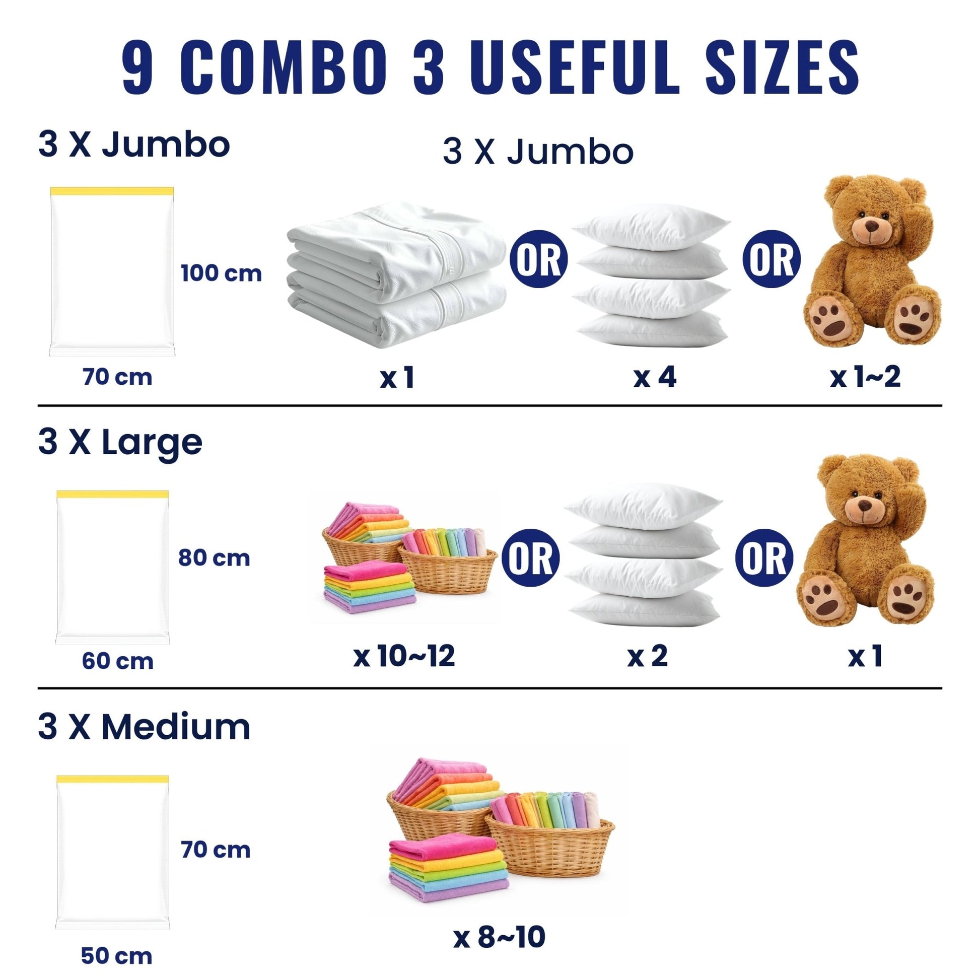 Vacuum Storage Bags Pack of 9 (3 Jumbo/3 Large/3 Medium) with Free Hand Pump - JEKUU