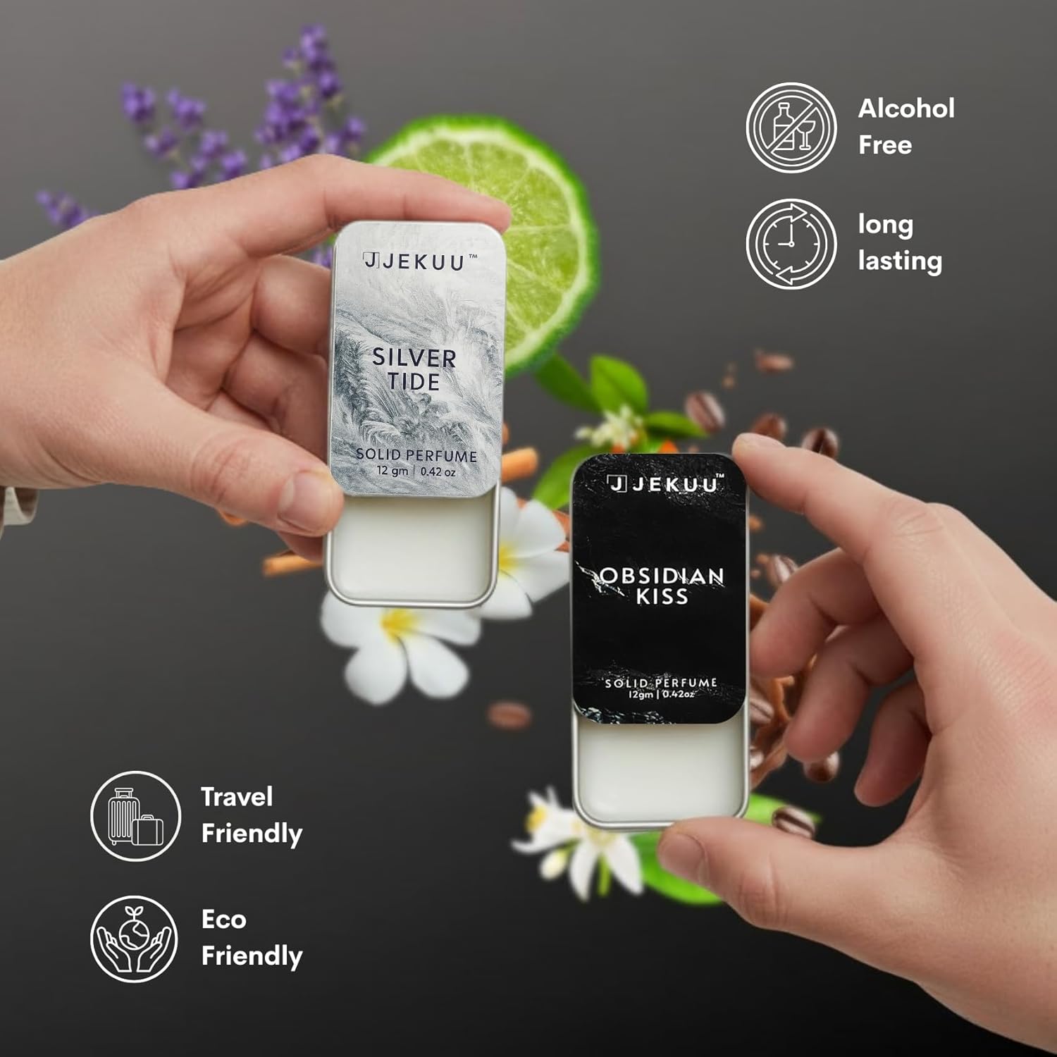 Alcohol-free, eco-friendly, and long-lasting Jekuu solid perfumes are travel-friendly and premium.