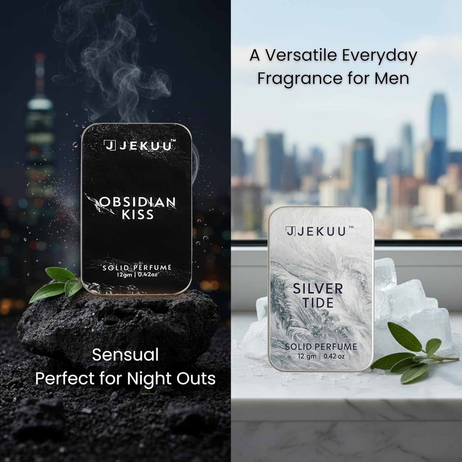 Premium Jekuu solid perfumes feature natural ingredients like caramel, vanilla orchid, patchouli, and orange blossom.