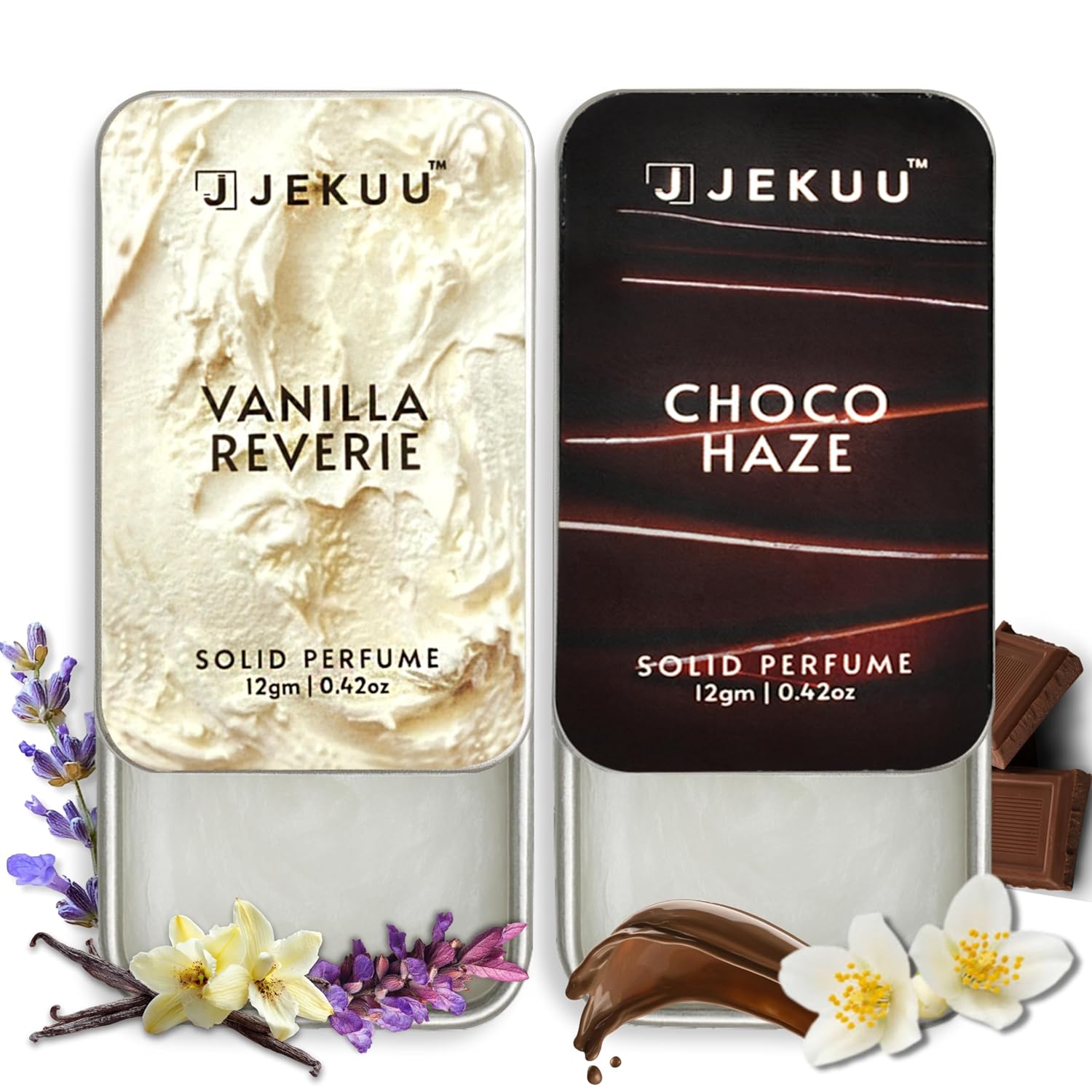 Discover the alluring scents of Choco Haze and Vanilla Reverie in these luxury solid perfumes.