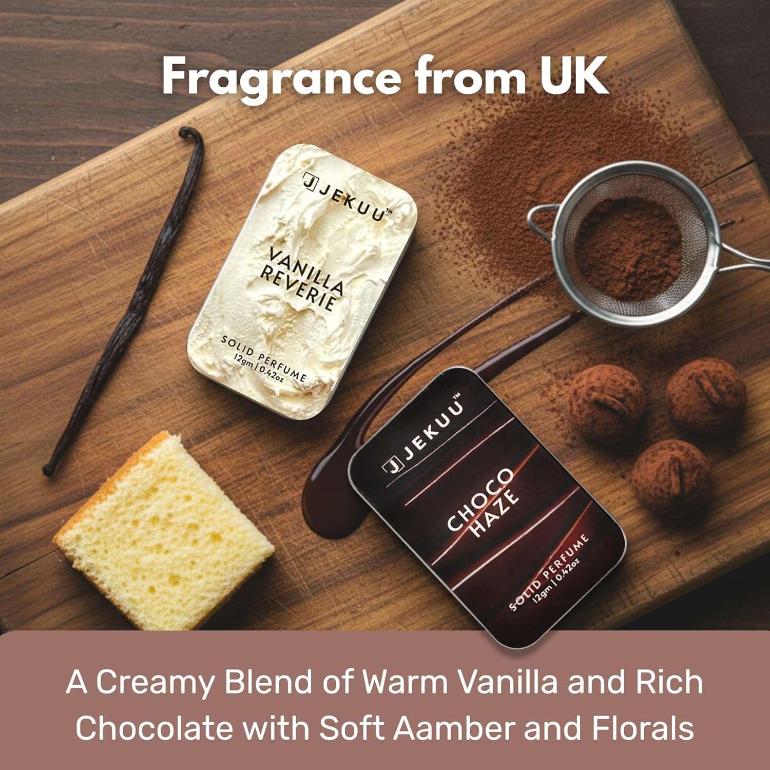 UK-crafted solid perfumes featuring a creamy, aromatic blend of warm vanilla and rich chocolate.