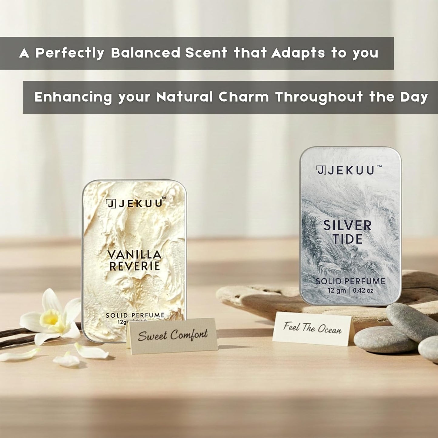 Perfectly balanced Jekuu solid perfumes enhance your natural charm with adaptive