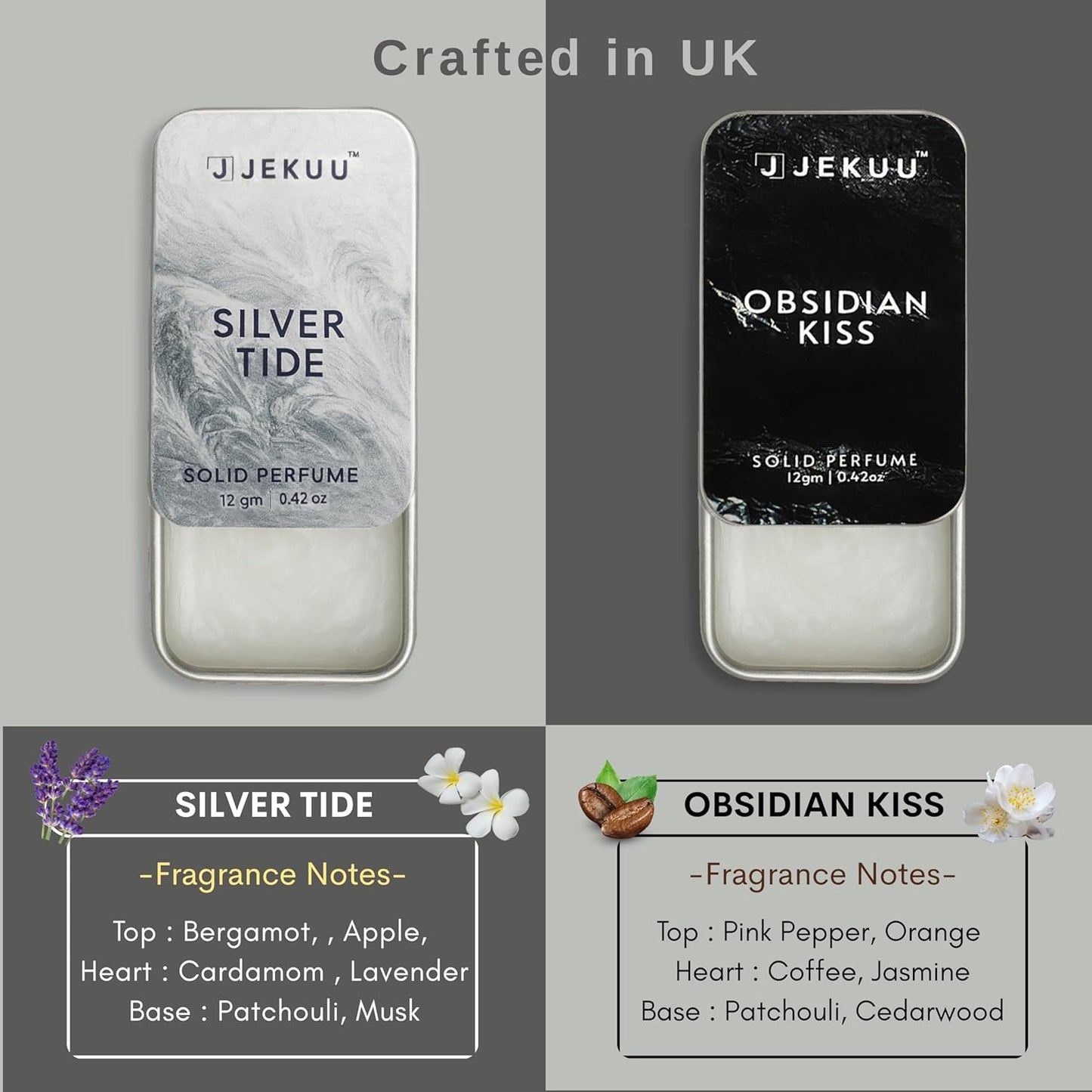 UK-crafted Jekuu solid perfumes featuring aromatic notes of bergamot, coffee, and patchouli