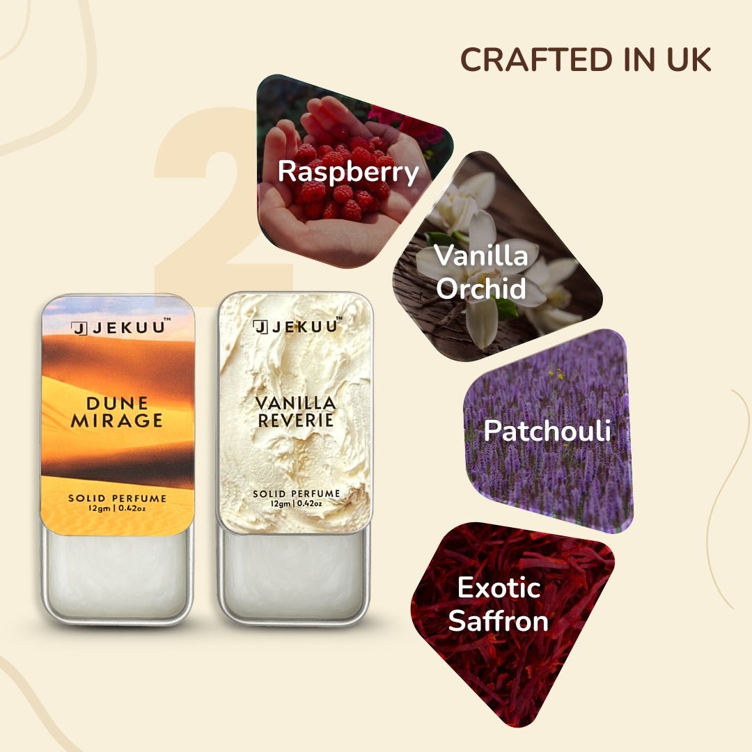 UK-crafted  Solid perfumes featuring raspberry, vanilla orchid, patchouli, and exotic saffron notes