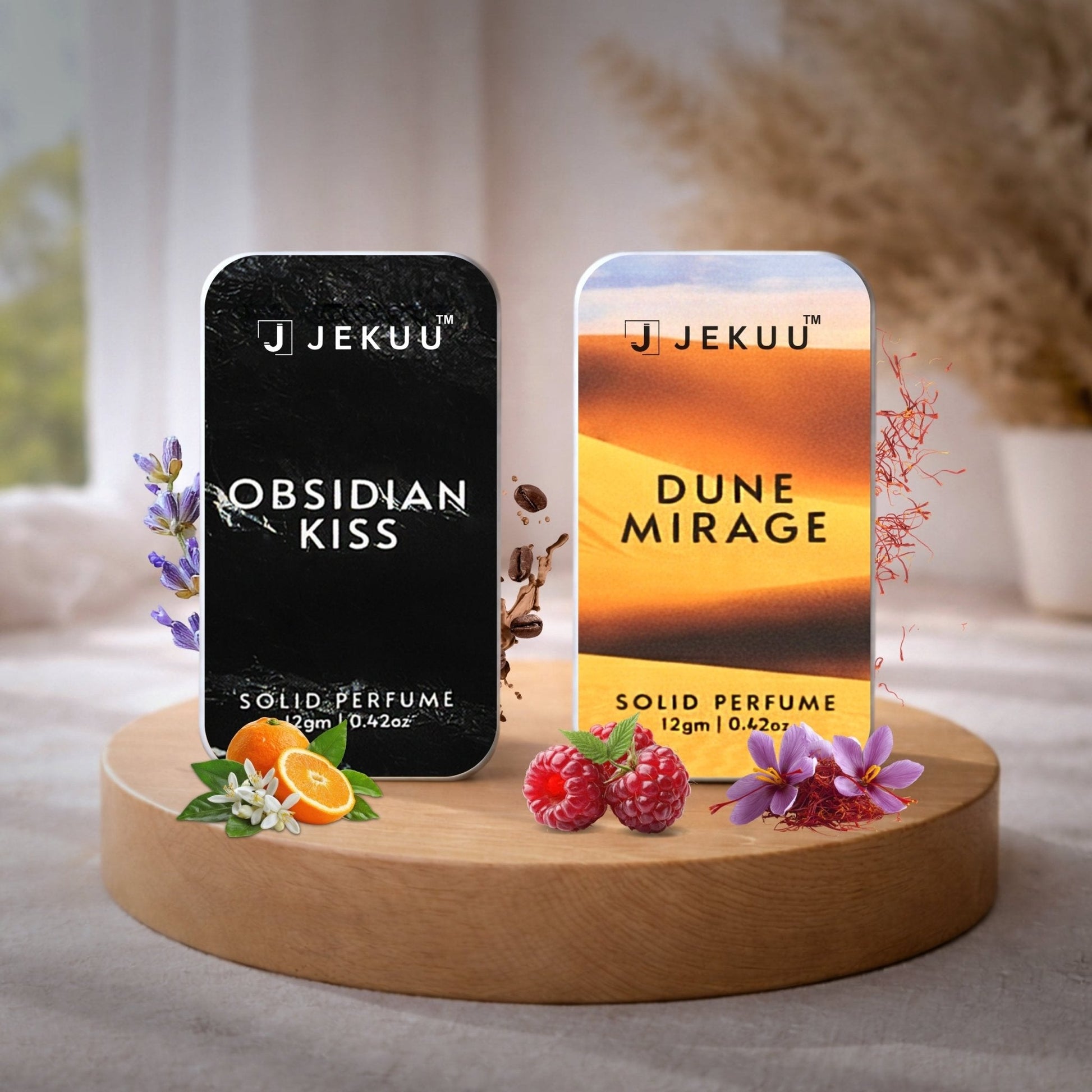 Obsidian Kiss and Dune Mirage offer premium, bold, and captivating solid perfume fragrances.