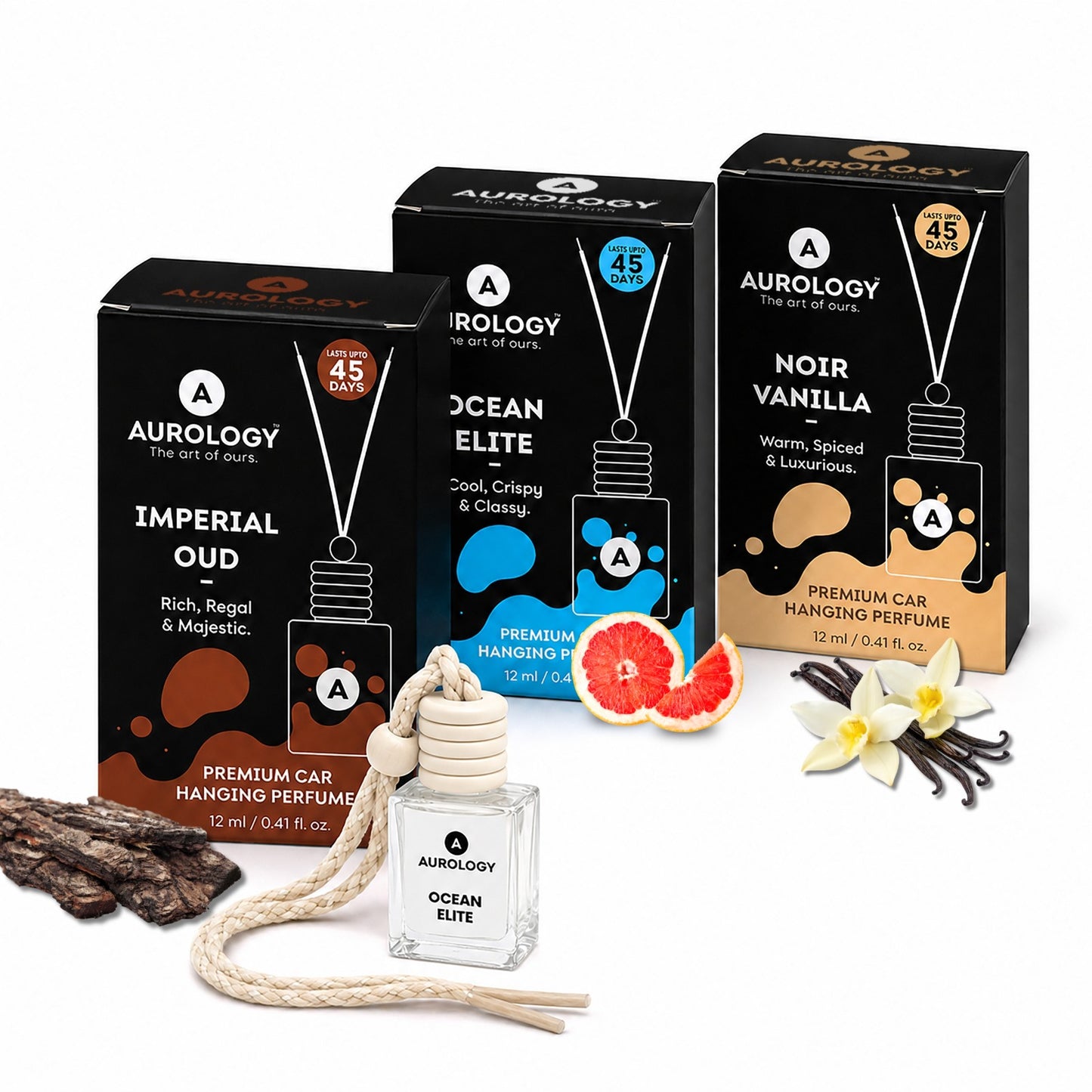 Aurology Noir Vanilla, Imperial Oud & White Musk Car Freshener Diffuser Car Hanging Perfume 12ml (Pack of 3)