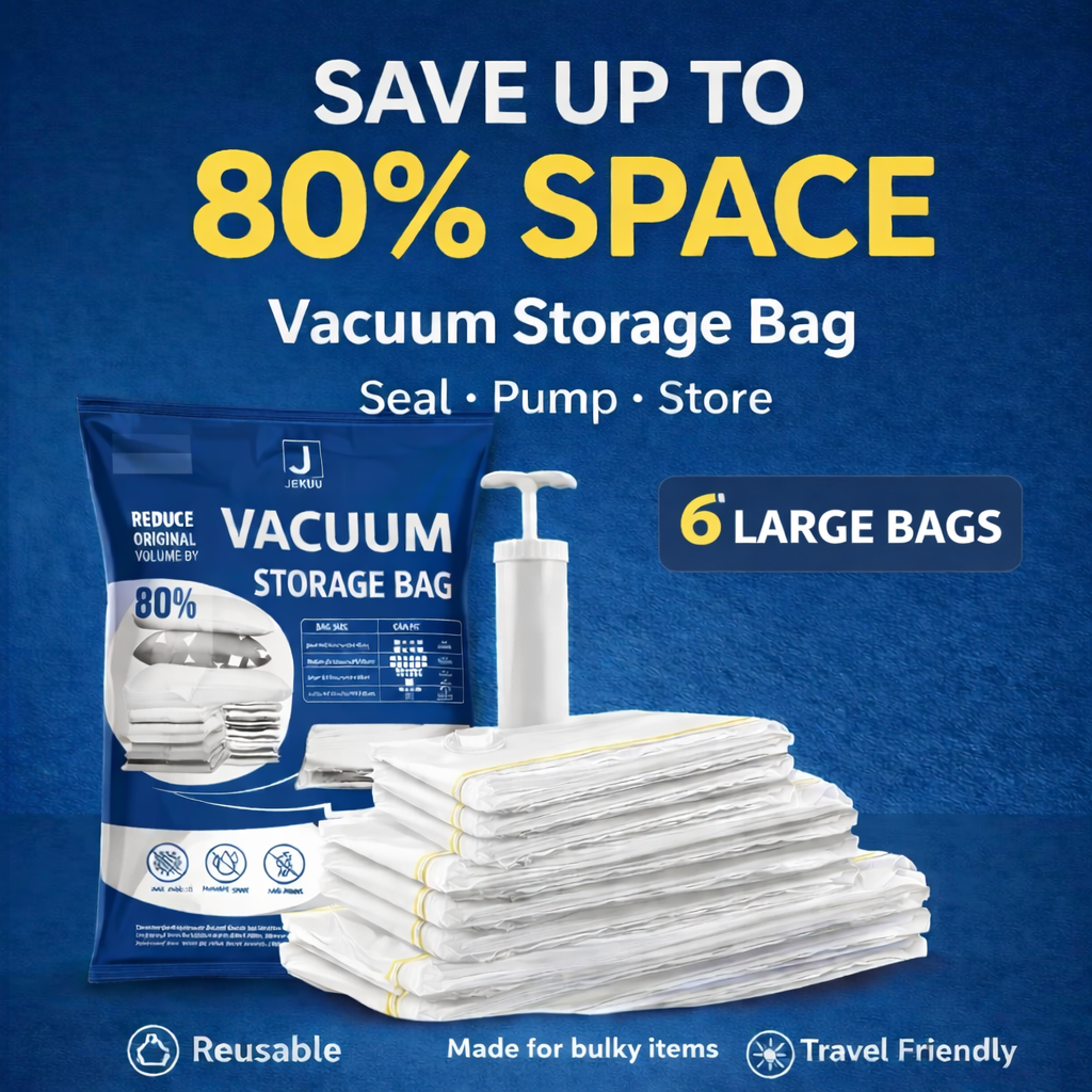 Vacuum storage bags promotion with JEKUU Jekuu Vacuum Storage Bags 6-Pack Large Reusable Space Saver Bags with Hand Pump - Image 1